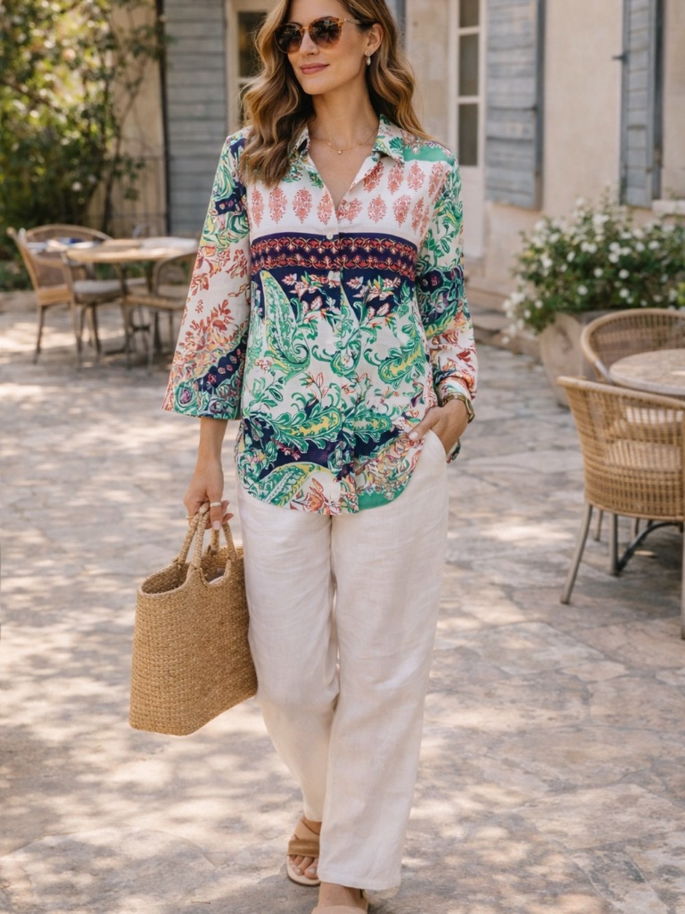 Chico’s 100% Linen Boho Button Up Top Sz 16/18 Shirt Folk Art Resort Summer Chic
